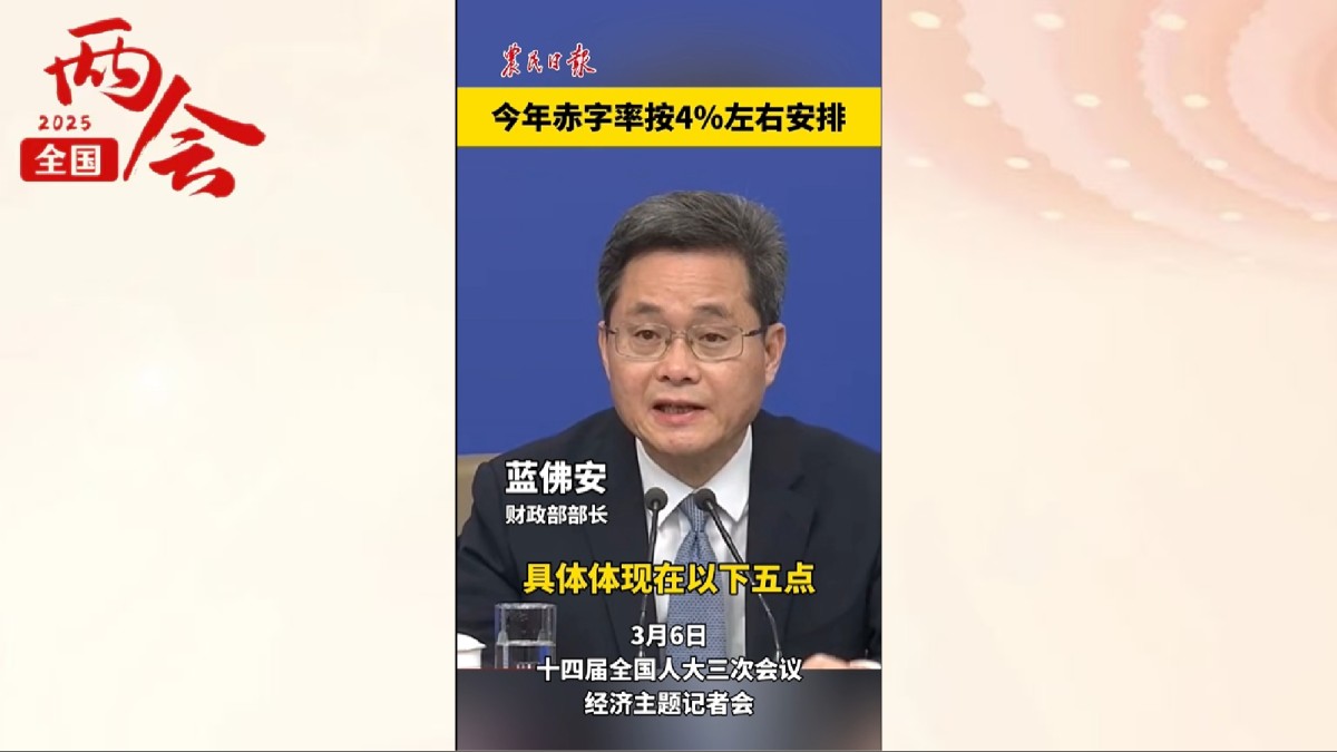 今年财政政策更加积极，可以理解为持续用力、更加给力。其中，在赤字安排上更加给力。