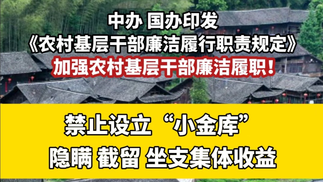 中办、国办印发《农村基层干部廉洁履行职责规定》禁止设立“小金库”隐瞒、截留、坐支集体收益